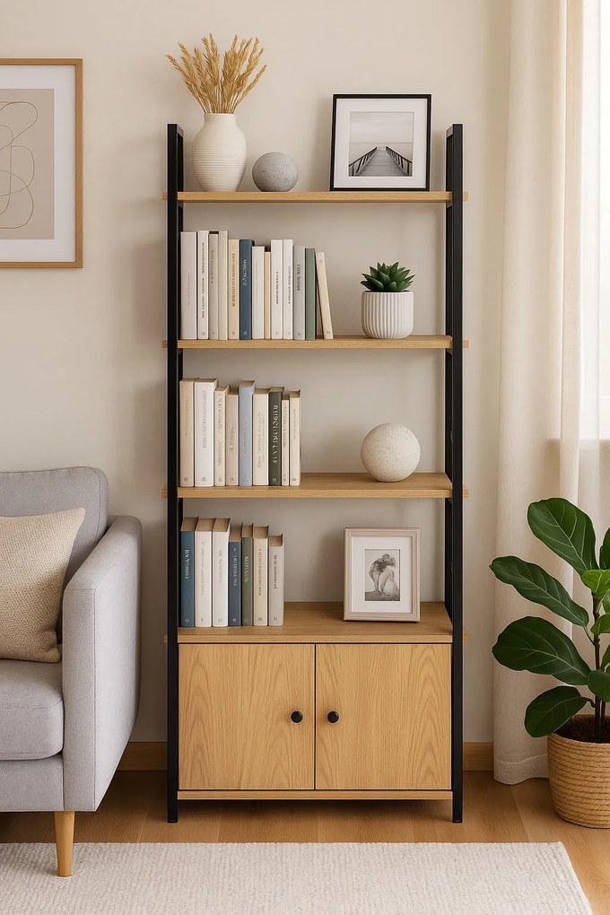 ModernHome Loftová industriálna knižnica s uzamykateľnou skrinkou 4 police ModernHome