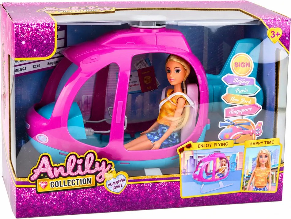 LEAN Toys Súprava bábika Anlily, veľký vrtuľník s pohyblivými vrtuľami, fialová súprava