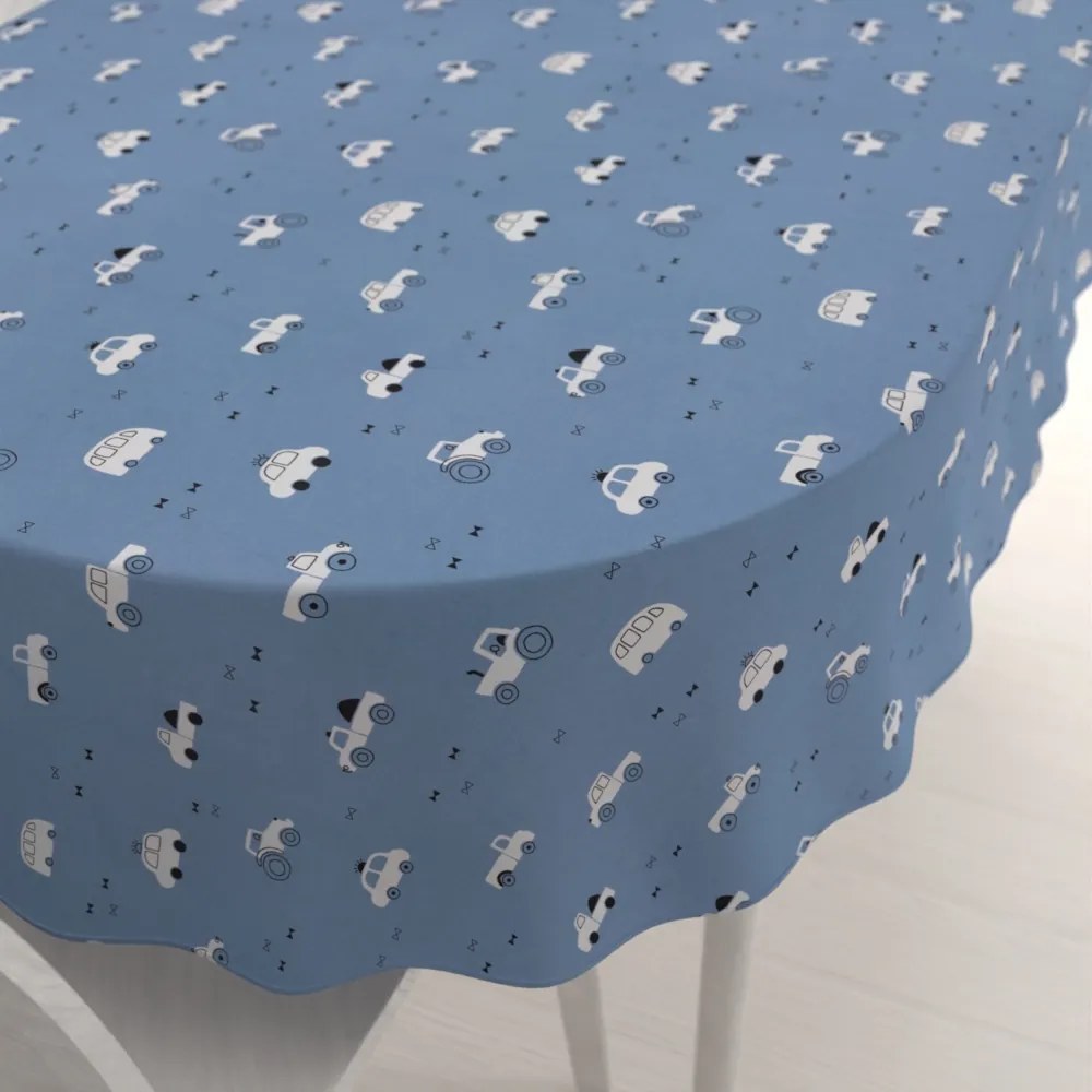 Biante Detský bavlnený oválny obrus Sandra SA-589 Traktory a autíčka na modrom 60x100 cm