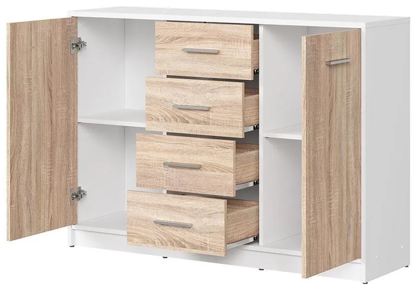 Komoda BRW Nepo Plus 6 (biela + dub sonoma) . Akcia -35%. Vlastná spoľahlivá doprava až k Vám domov. 1098297