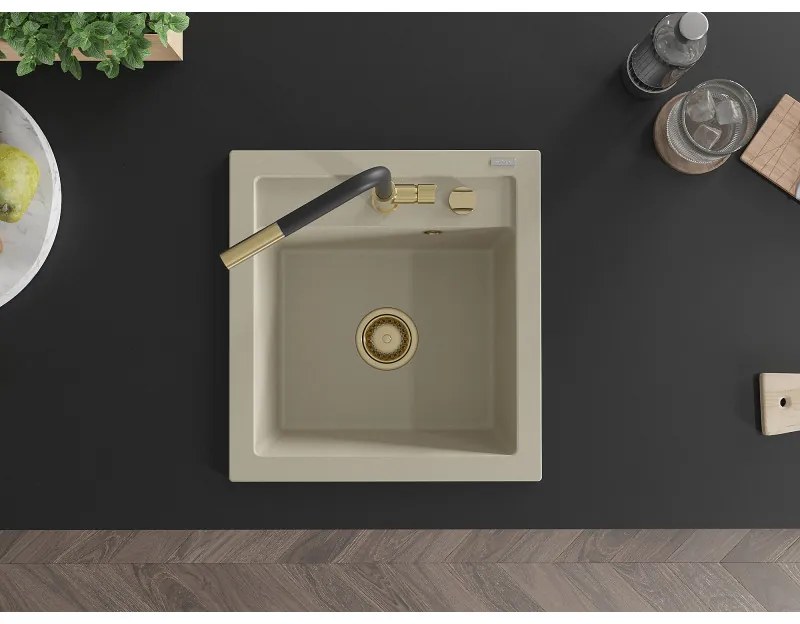 Mexen Vito, 1-komorový granitový drez 490x520x210 mm a drezová batéria Flora, béžová, 6503-69-670401-57-G