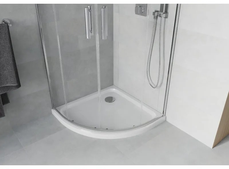 Mexen Rio, štvrťkruhový sprchovací kút s posuvnými dverami 90 x 90 cm, 6mm číre sklo, chrómový profil + biela sprchová vanička, 863-090-090-01-00-4110