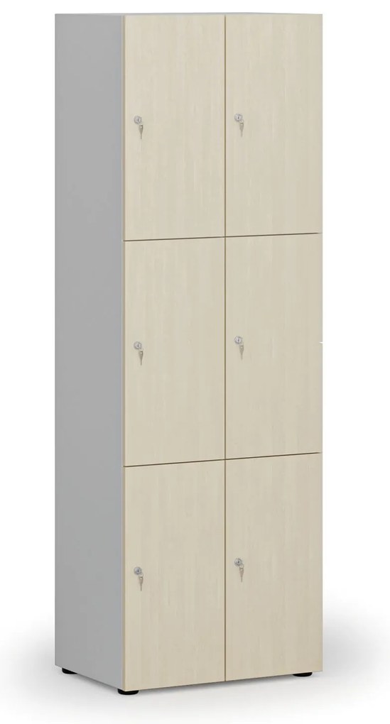 Drevená šatníková skrinka s úložnými boxmi, 6 boxov, cylindrický zámok, sivá/breza