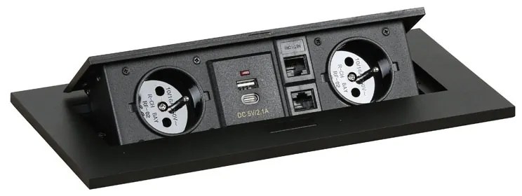 Zásuvkový box TYP II - výklopný, 2x zásuvka, USB-A + USB-C, 2x RJ45 port, čierna
