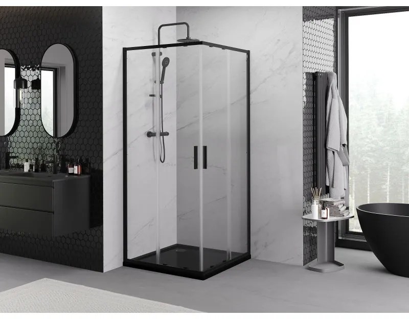 Mexen Exo, štvorcový sprchovací kút s posuvnými dverami 90x90 cm, 6mm číre sklo, čierny profil, 8111-090-090-70-00