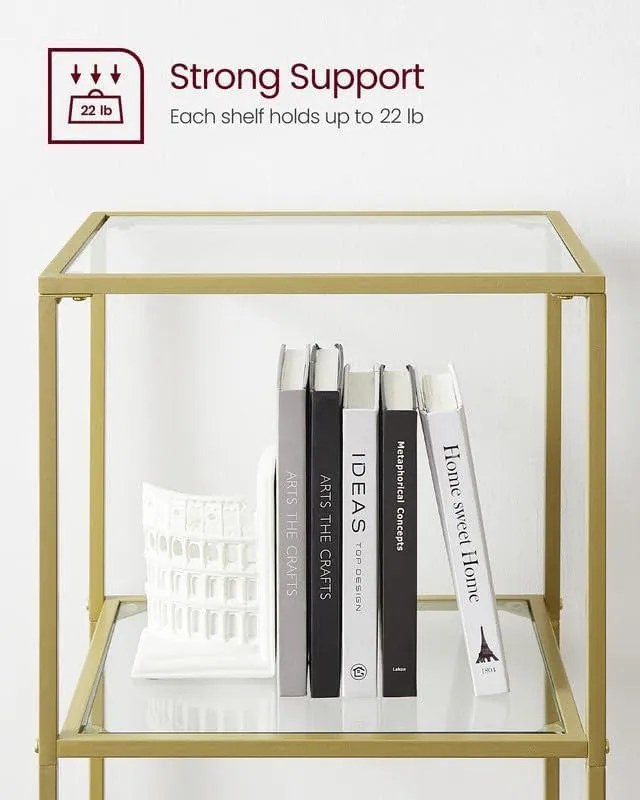 Sklenený regál, polica 6-úrovňová, oceľový rám, 30 x 40 x 177,3 cm, zlatá farba