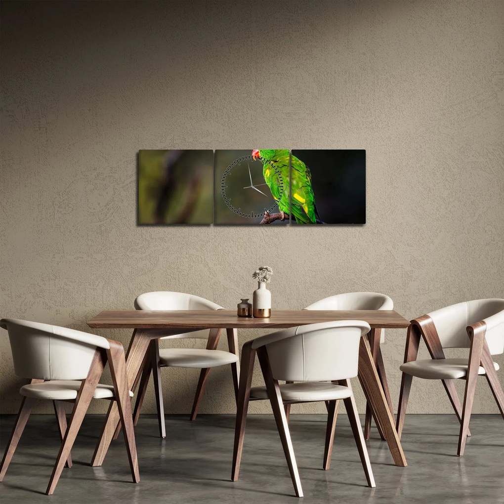 Obraz papagája na vetve (s hodinami) (90x30 cm)