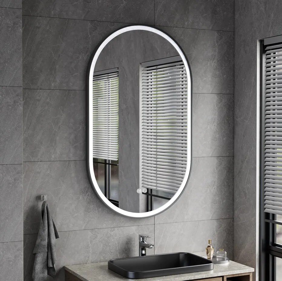 Erga Gwen, oválne LED zrkadlo 60x100cm v čiernom kovovom ráme, 3 farby svetla, predné osvetlenie, vyhrievacia podložka proti zapareniu, ERG-V01-GWEN-6010-BK