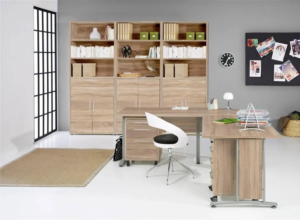 Rohový psací stůl Officer 80400/304 230 cm s kontejnerem dub Sonoma/stříbrný