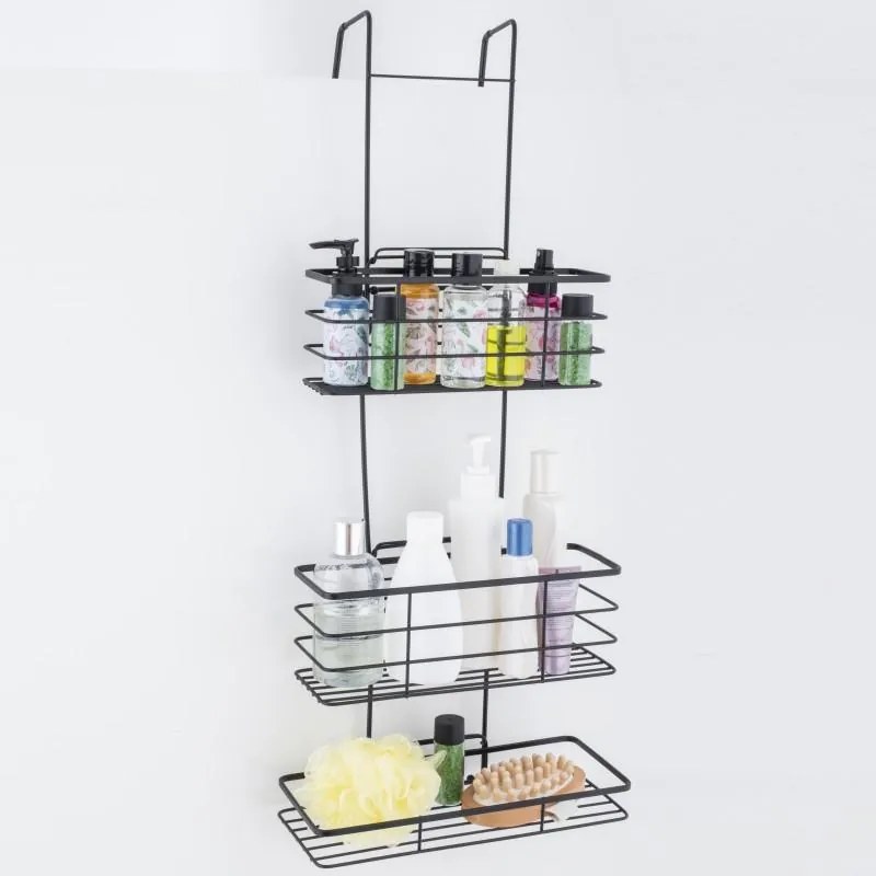 Erga Rafek, trojitá kúpeľňová polička do sprchy na zavesenie 30x12,5x71 cm, čierna matná, ERG-YKA-CH.RAFEK-BLK