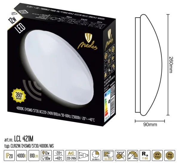 LED stropné svietidlo so senzorom LED/12W/230V 4000K