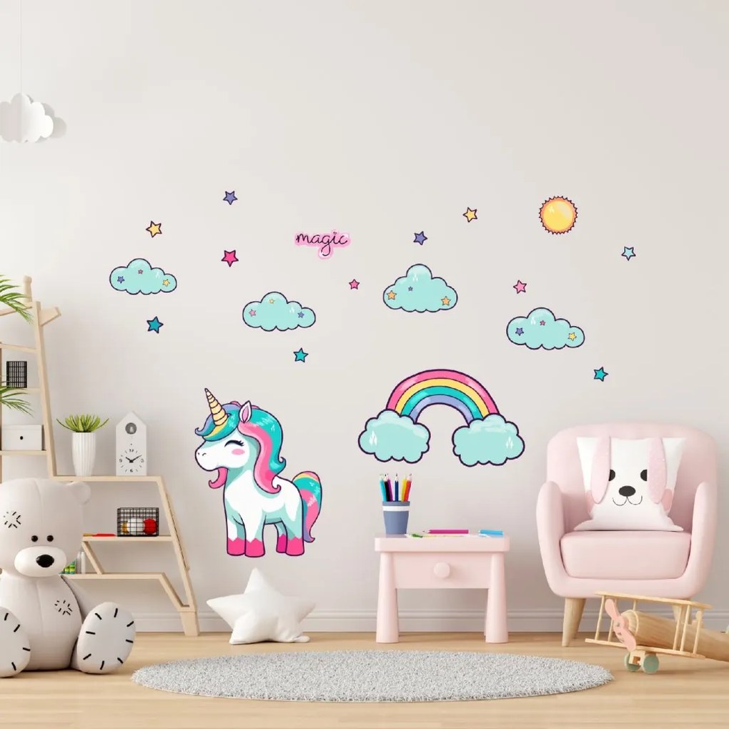PIPPER. Textilná nálepka na stenu "Jednorožec s obláčikmi"