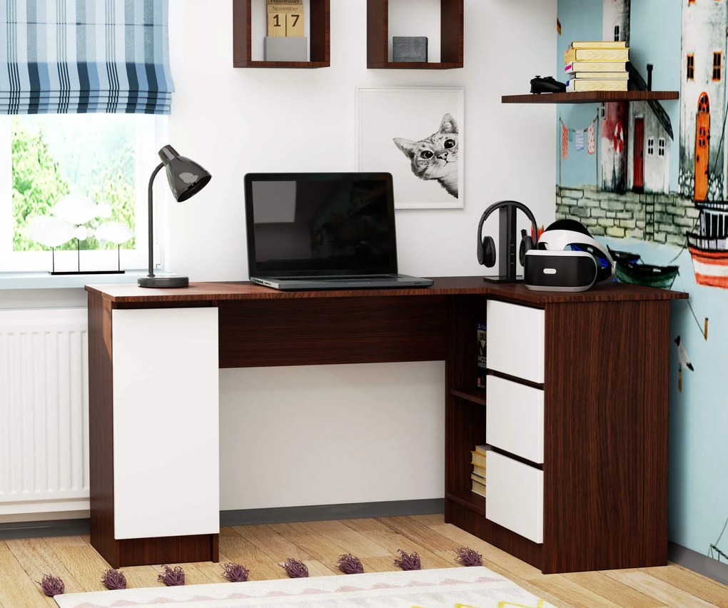 Rohový PC stolík Bevin (wenge + biela) (P). Akcia -18%. Vlastná spoľahlivá doprava až k Vám domov. 1069145