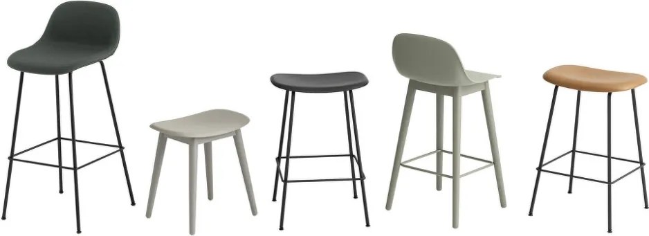 Muuto Barová stolička Fiber Stool 65cm s opierkou, Tube Base, black leather