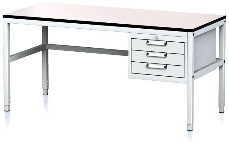 Nastaviteľný dielenský stôl MECHANIC II, 3 zásuvkový box na náradie, 1600x700x745-985 mm, sivá/sivá
