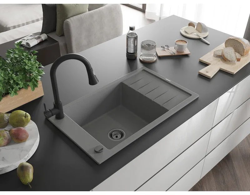 Mexen Elias, 1-komorový granitový drez 795x480x200 mm a drezová batéria Elia, šedá, 6511-71-670101-70-B