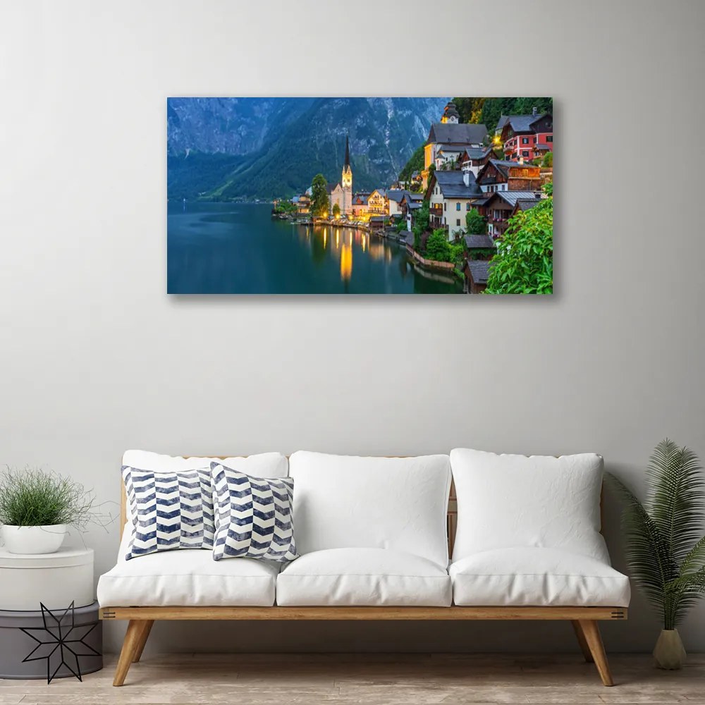 Obraz Canvas Hory mestečko noc jazero 120x60 cm