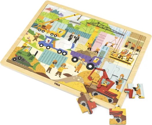 Puzzle na podstavci Viga 44585 48 dielikov - spoznávanie stavebných strojov
