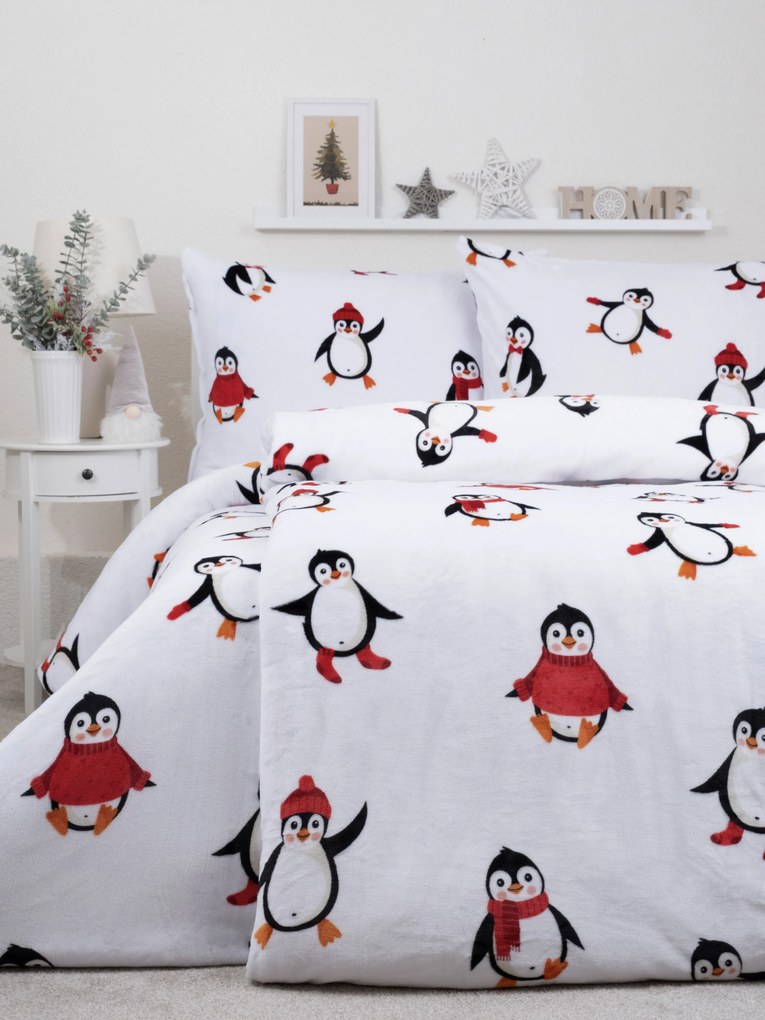 Predĺžené obliečky mikroplyš Exclusive – Tučniaci biele 140 × 220 cm, 70 x 90 cm