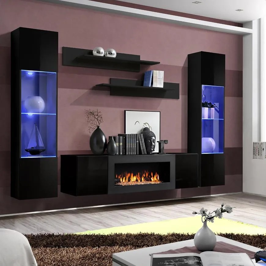 Obývacia stena + Biokrb  Fly M3 + sklo čierna + LED