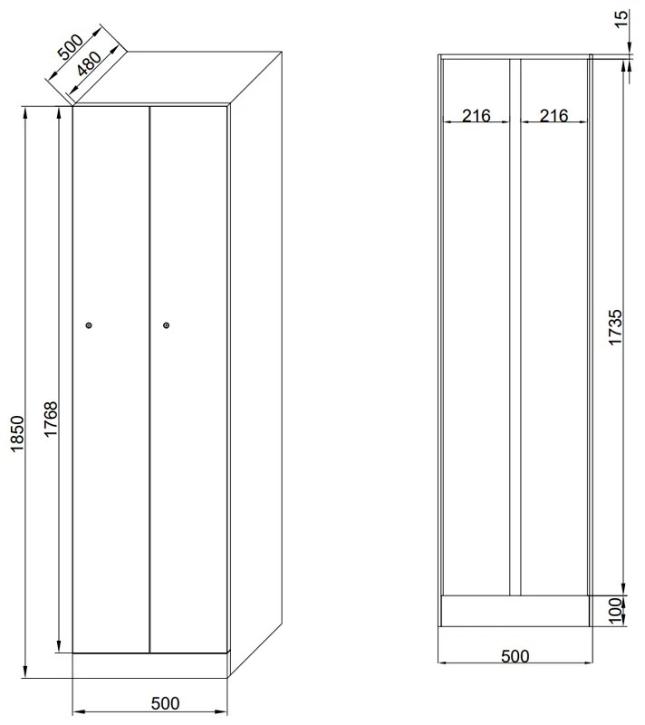 Kovová šatníková skrinka zúžená, 2 oddiely, 1850 x 500 x 500 mm, otočný zámok, zelené dvere