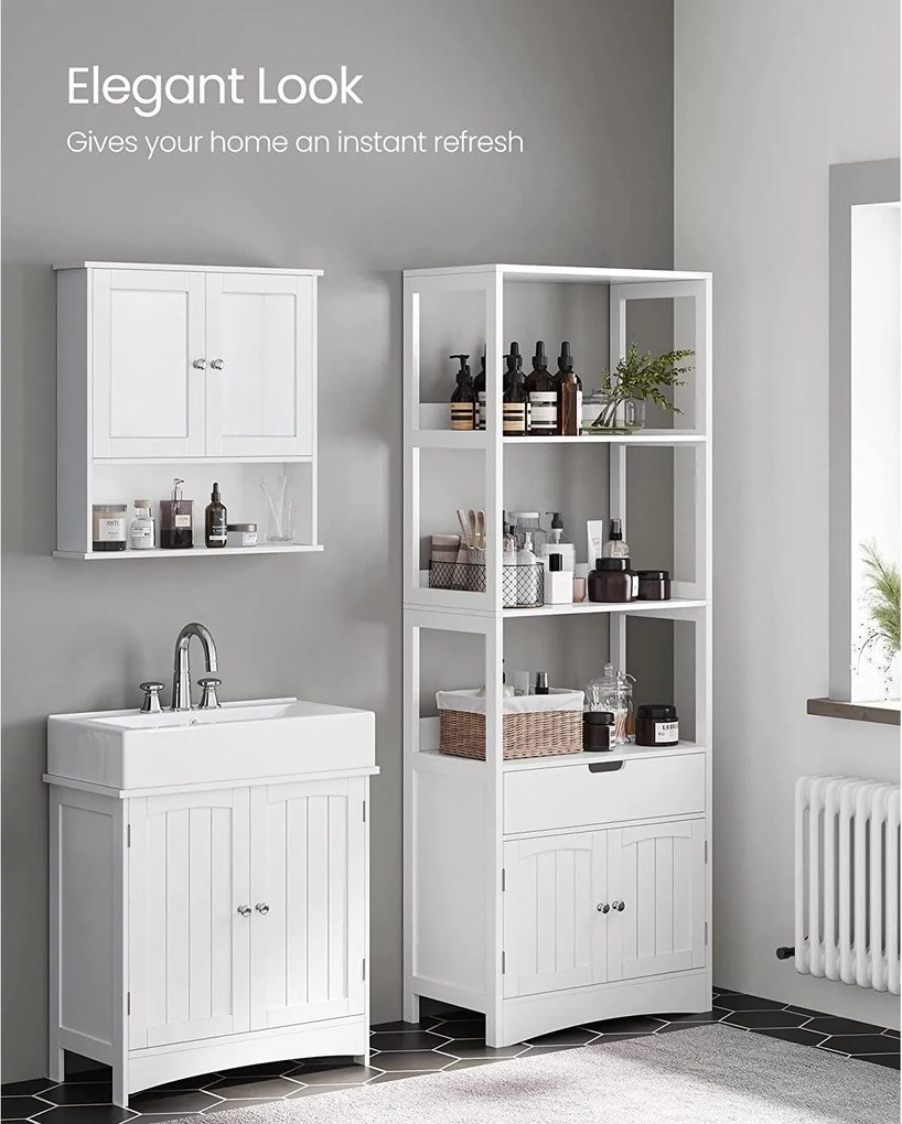 Kúpeľňová skrinka, vysoká skrinka s 3 otvorenými policami, biela farba