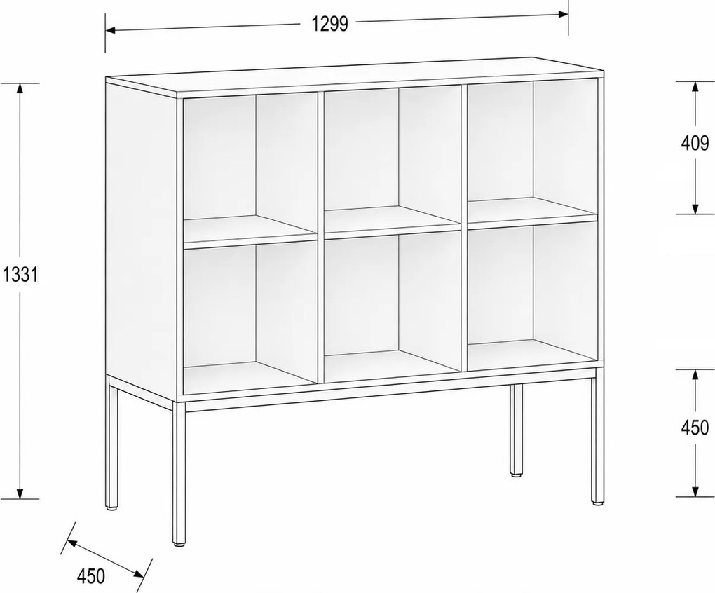 Regál FRAME, nízky, s bielou podnožou, 1299 x 450 x 1331 mm, orech