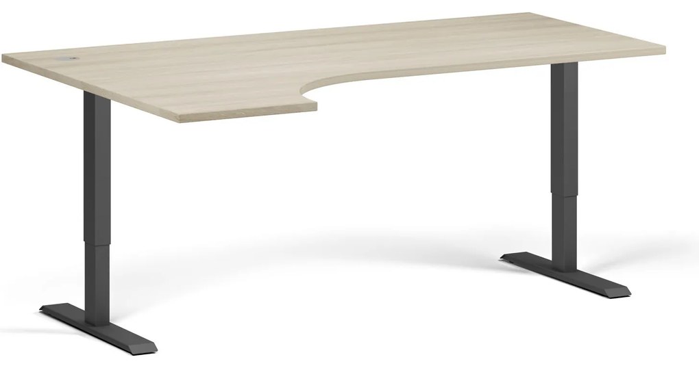 Rohový výškovo nastaviteľný stôl, 180x120 cm, 2 motory, L/P, čierna podnož, dub prírodný
