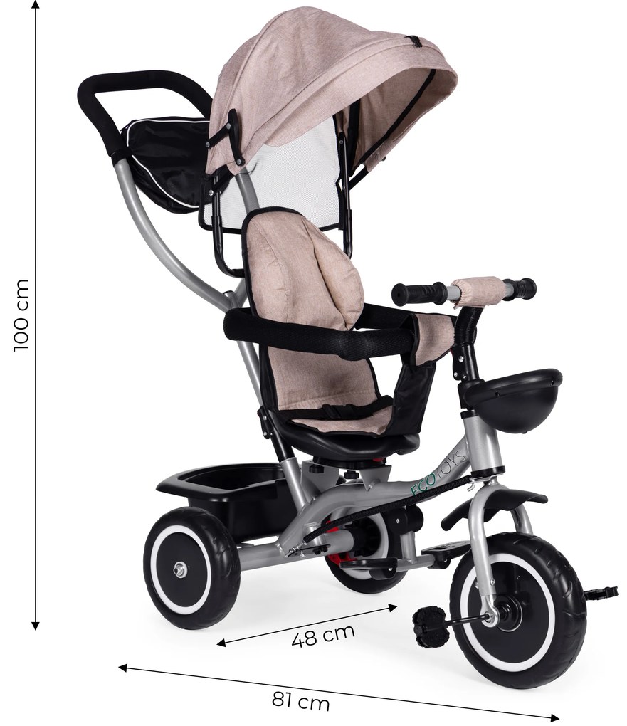 Trojkolka 2v1 otočné sedadlo a skladacia strieška - béžová ECOTOYS