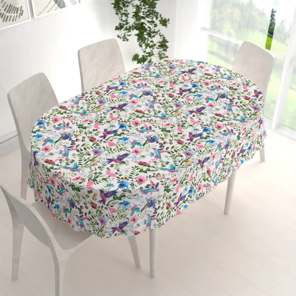 Biante Bavlnený oválny obrus Sandra SA-495 Dúhové kolibríky medzi kvetmi 140x220 cm