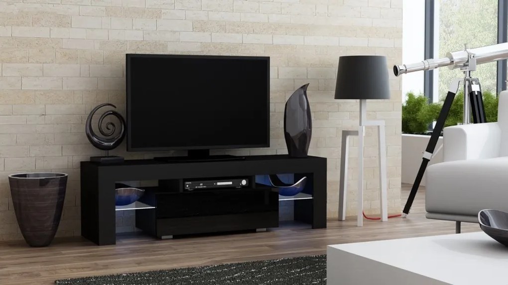 Mazzoni TV stolík MILANO lesklý 130 LED čierna, čierna zásuvka