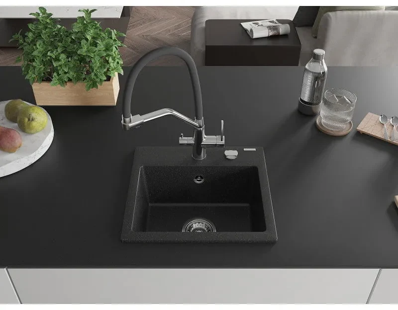 Mexen Milo, granitový drez 435x410x171 mm, 1-komorový a drezová batéria Duo, čierna-strieborná metalíza, 6505-73-671701-07