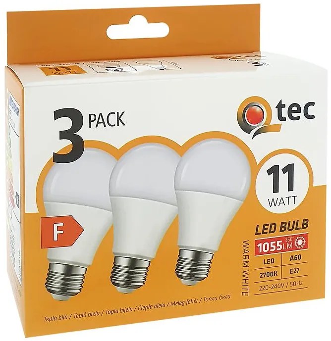 Žiarovka LED QTEC 11W A60 E27 2700K 3PACK