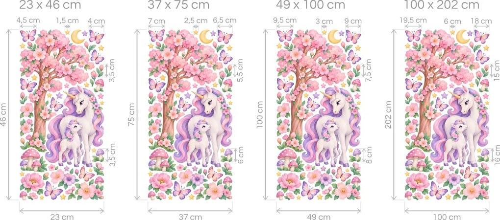 Jednorožce pod ružovým stromom akvarelové nálepky na stenu do izbičky pre dievčatá arch 23 x 46 cm