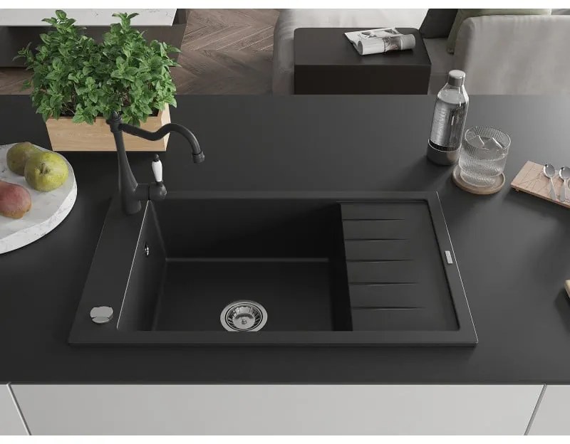 Mexen Elias, granitový drez 795x480x200 mm, 1-komorový a drezová batéria Carla, čierna, 6511-77-670700-70