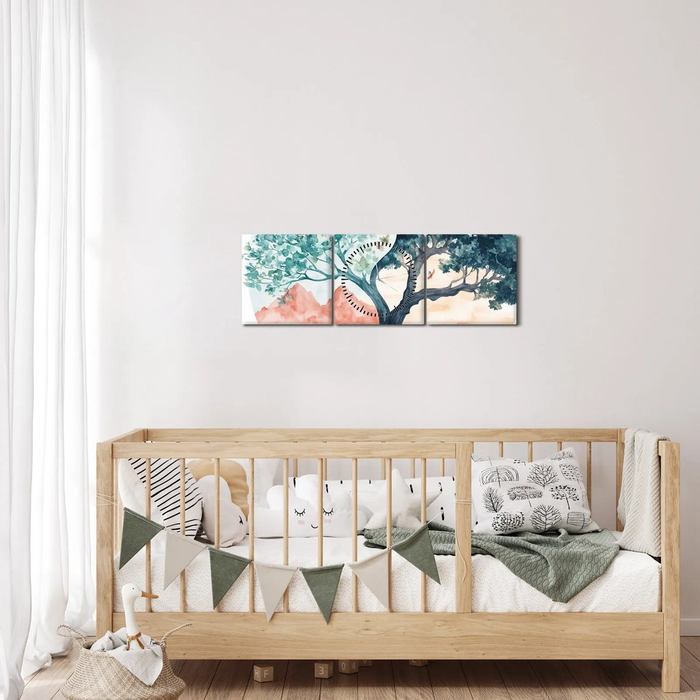 Obraz – Akvarelový strom plný života (s hodinami) (90x30 cm)