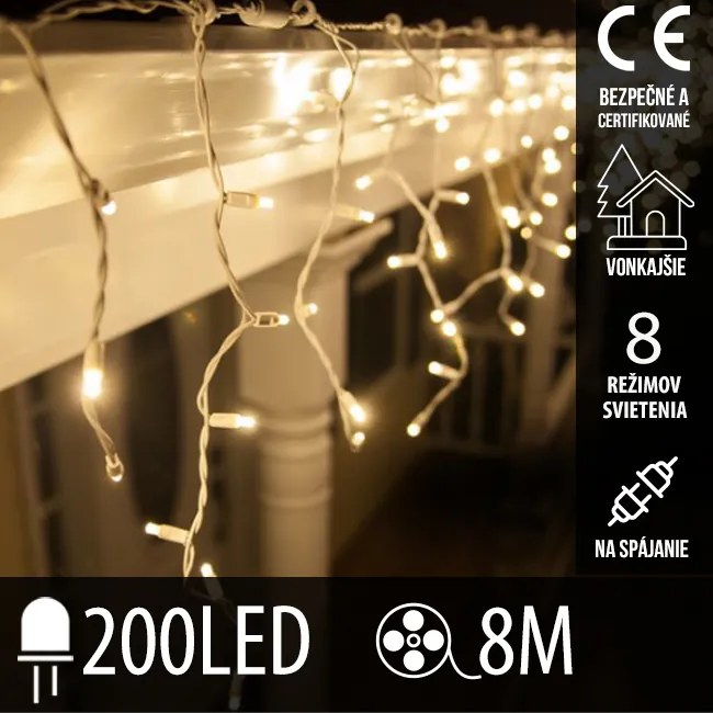 Vianočná led svetelná záclona na spájanie vonkajšia - programy - 200led - 8m teplá biela