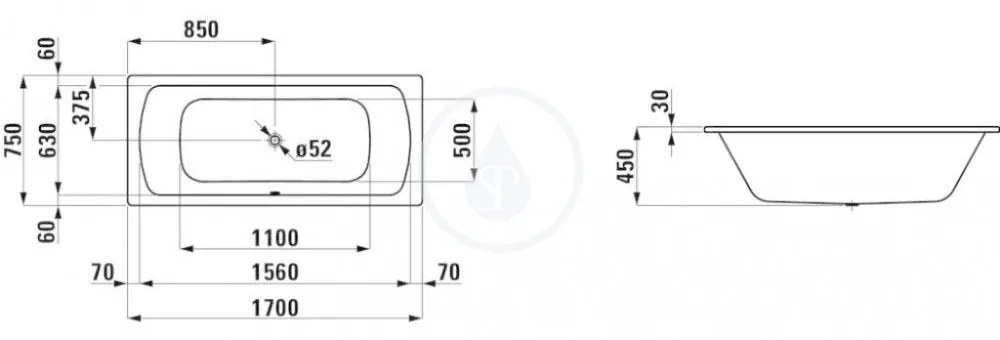 LAUFEN Moderna Plus Obdĺžniková vaňa, 1700 mm x 750 mm, biela – s protihlukovými podložkami H2250700000401