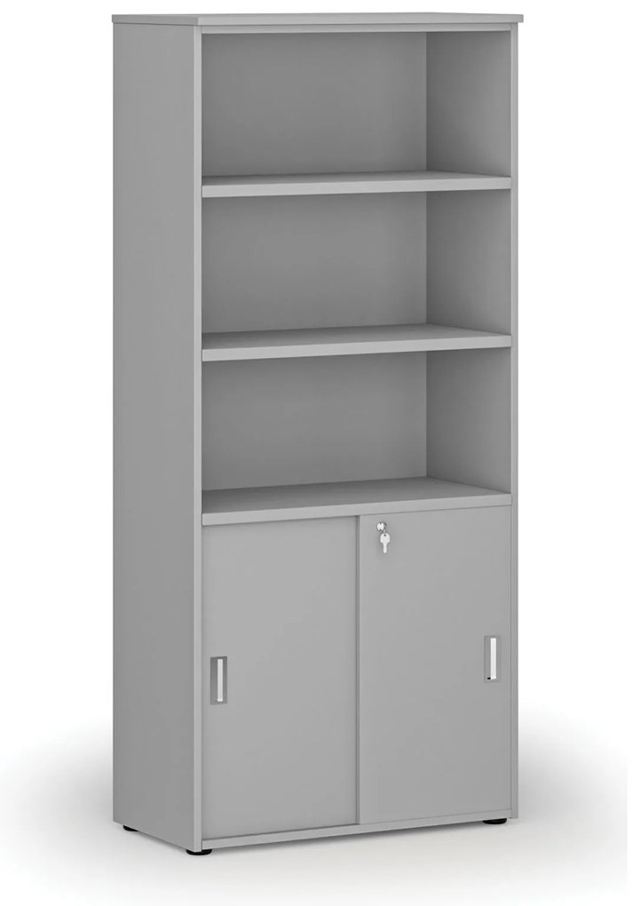 Kombinovaná kancelárska skriňa PRIMO GRAY, zasúvacie dvere na 2 poschodia, 800 x 420 x 1781 mm, sivá