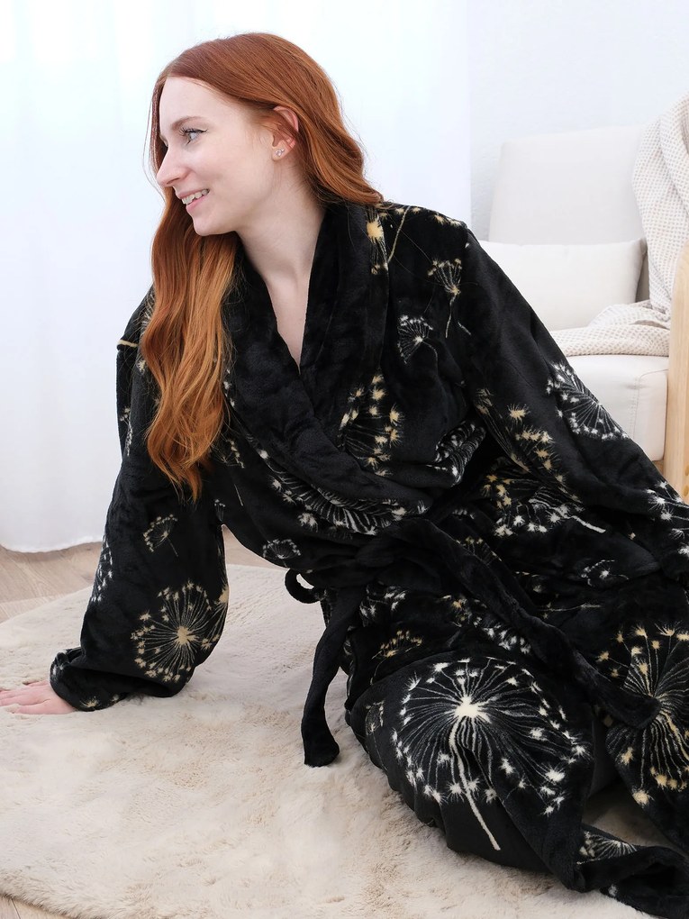 Mikroplyšový župan Ema - Púpavy čierne veľkosť S