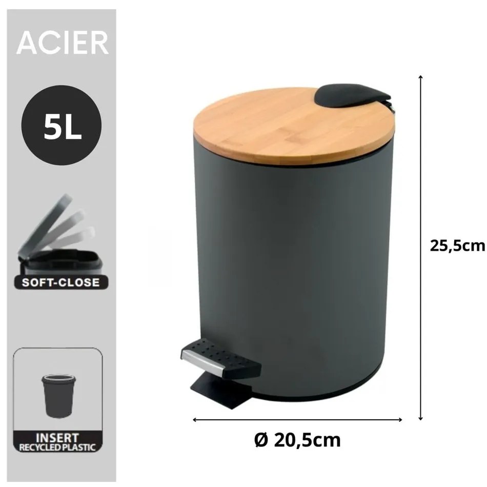 Tmavosivý nášľapný oceľový odpadkový kôš 5 l Adonis – Spirella