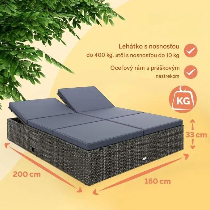InternetovaZahrada Záhradná ratanová posteľ 200x160 cm sivá - antracit podušky