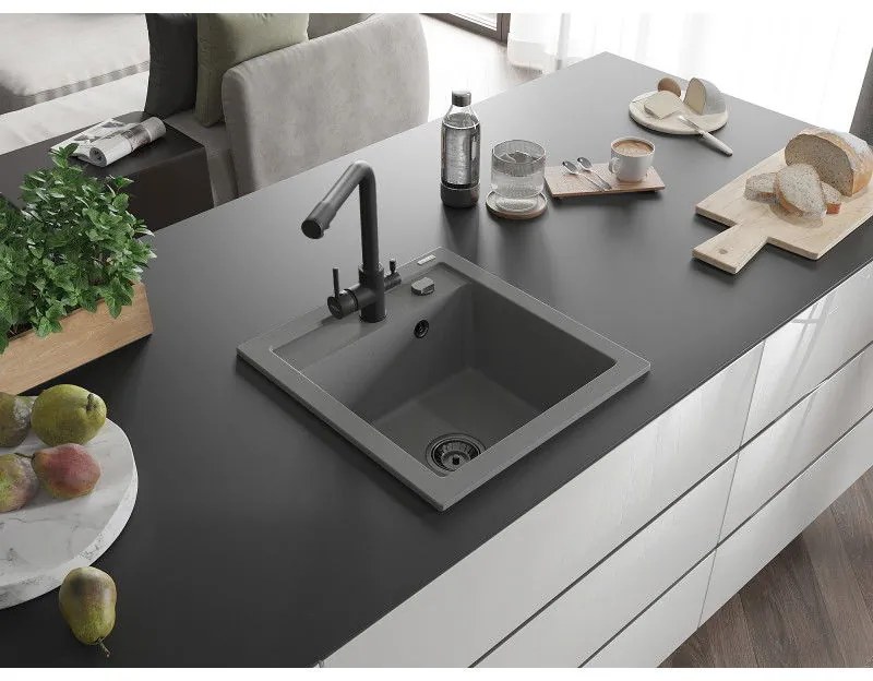 Mexen Vito, 1-komorový granitový drez 520x490x210 mm, čierna matná batéria Duero, šedá, 6503-71-671600-70-B