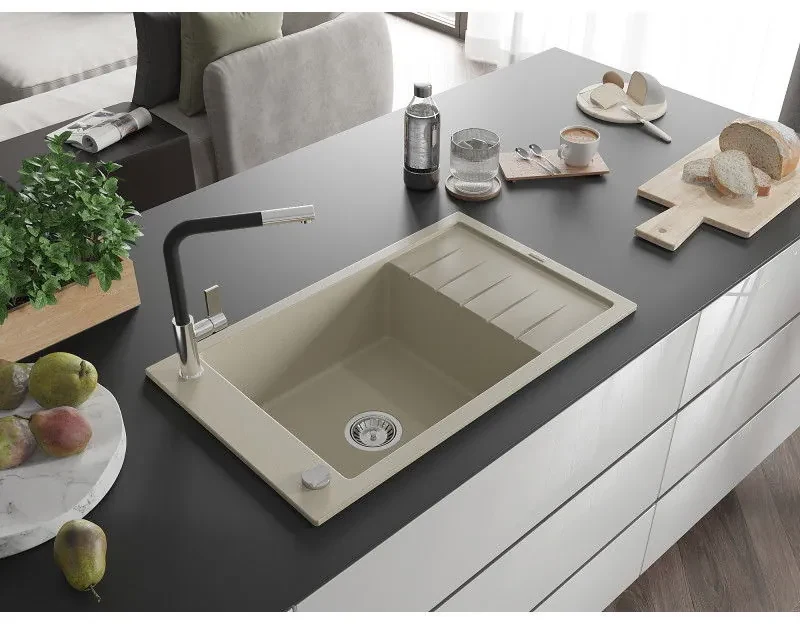 Mexen Elias, 1-komorový granitový drez 795x480x200 mm a drezová batéria Flora, béžová, 6511-69-670401-07