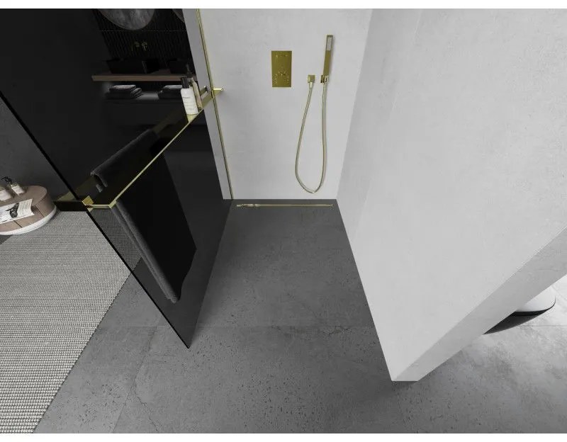 Mexen Kioto+ L, sprchová zástena Walk-In s poličkou a vešiakom 120 x 200 cm, 8mm šedé sklo, zlatý lesklý profil,800-120-123-50-40