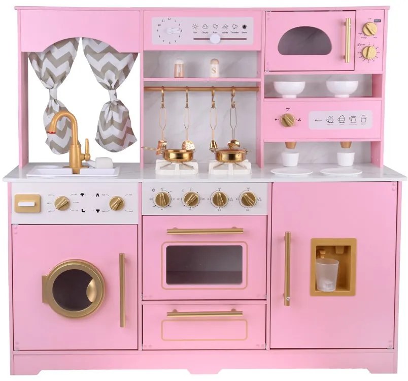 Veľká interaktívna drevená kuchyňa s pôvabnými zlatými doplnkami a kávovarom ZA5933