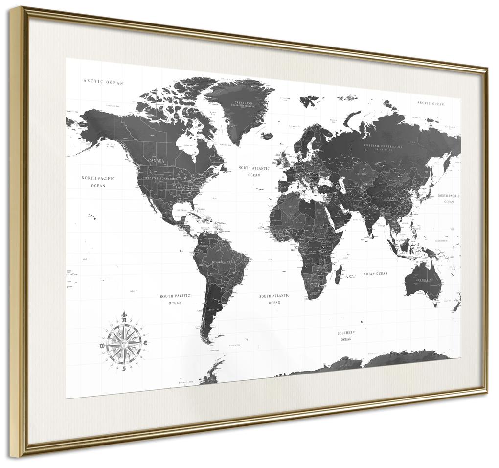 Artgeist Plagát - Monochrome Map [Poster] Veľkosť: 30x20, Verzia: Čierny rám s passe-partout