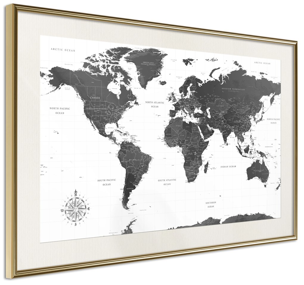 Artgeist Plagát - Monochrome Map [Poster] Veľkosť: 30x20, Verzia: Čierny rám