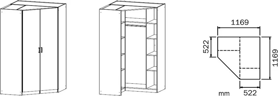 Rohová šatníková skriňa Bremen, dub artisan/tmavo šedá