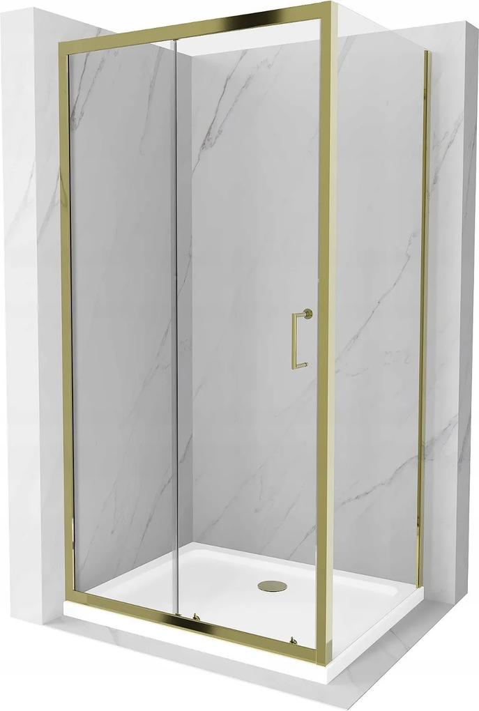 Mexen Apia sprchovací kút s posuvnými dverami 120 (dvere) x 100 (stena) cm, 5mm číre sklo, zlatý profil + biela sprchová vanička SLIM, 840-120-100-50-00-4010G